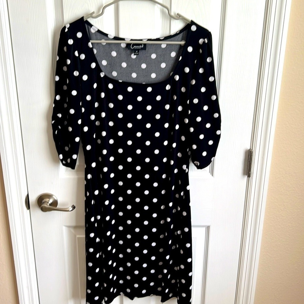 Connected Apparel Black White Polka Dot Dress Ruched Sleeve Size 10